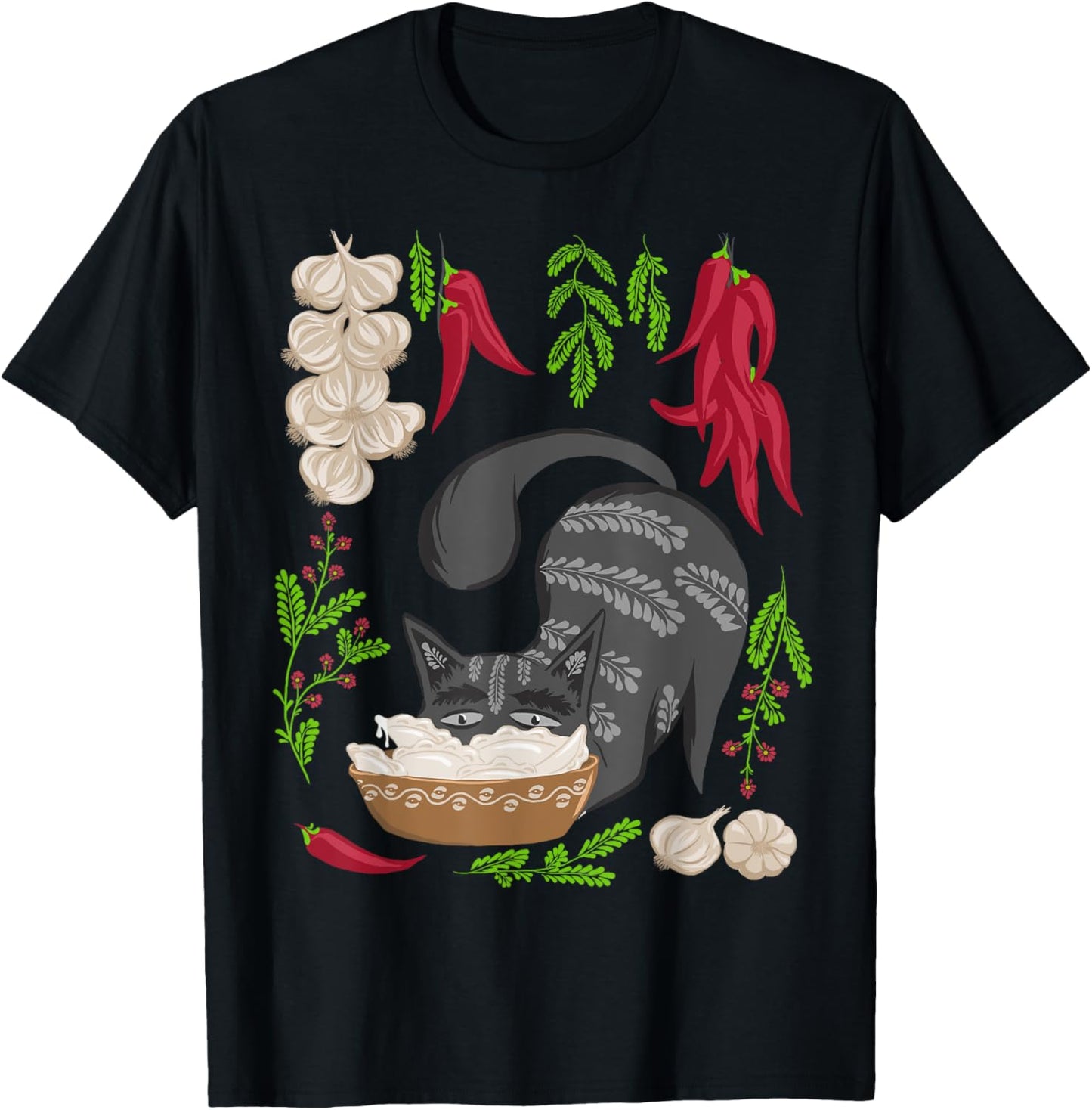 Cat & Vareniki Ukraine Food Funny Ukrainian Vyshyvanka Style T-Shirt