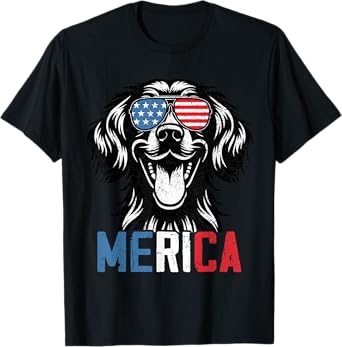 Patriotic Flat Coated Retriever Dog Merica 4th Of July Funny Men Women Kids T-Shirt
