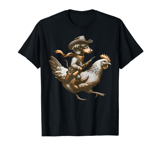 Western Cowboy Dachshund Wiener riding a Chicken Farm Animal T-Shirt