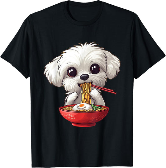 Cute Maltese Dog Eating Ramen Men Women Boys Girls T-Shirt