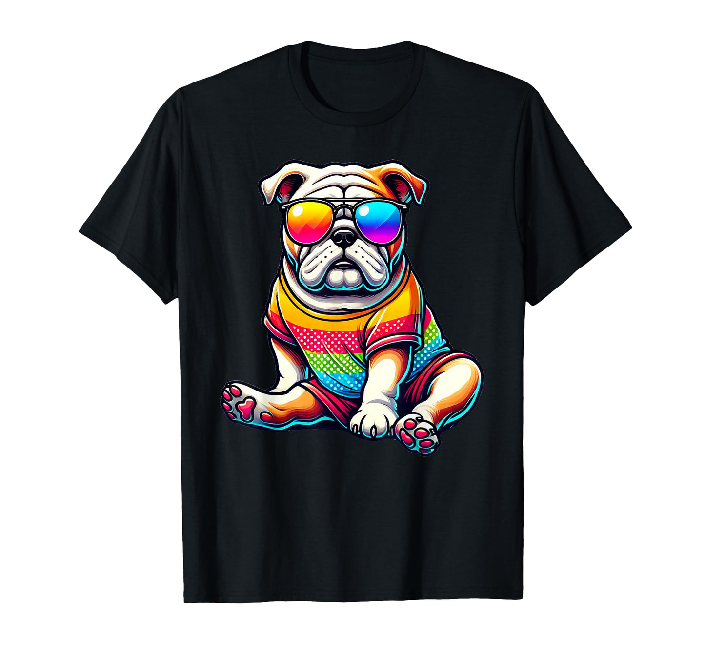 Colorful English Bulldog Wearing Sunglasses T-Shirt