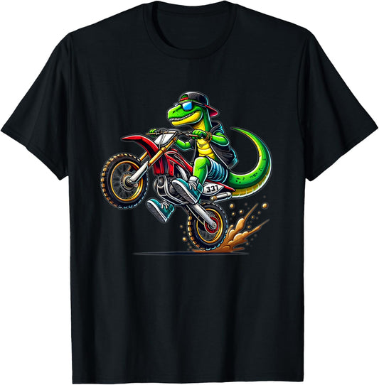 Funny Dirt Bike For Men Boys Kids Dinosaur Motorcycle Riding T-Shirt