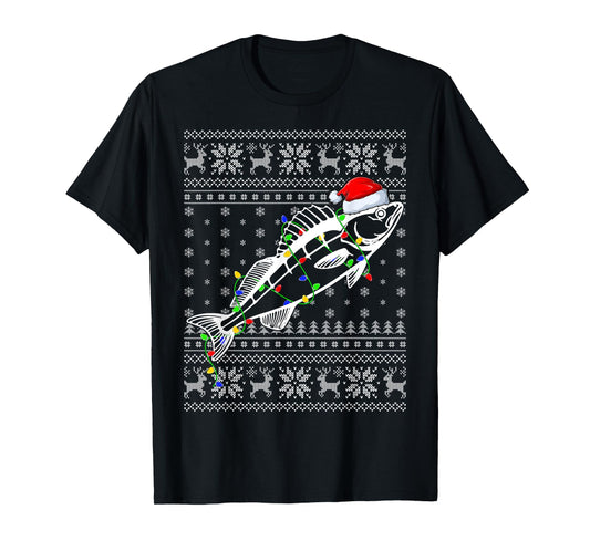Ugly Sweater Xmas Lights Santa Hat Walleye Fish Christmas T-Shirt