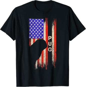 Vintage USA American Flag Pug Dog Silhouette Distressed T-Shirt for Women Kids Men