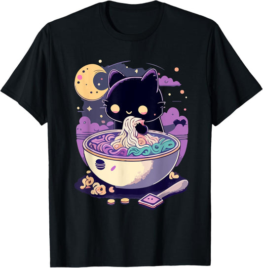 Creepy Kawaii Cat Eating Ramen Noodles Pastel Goth Aesthetic T-Shirt
