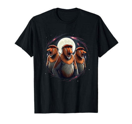 3 Proboscis Monkeys Moon Howling Funny Meme Men Women Kids T-Shirt