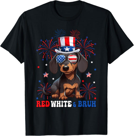 Red White and Bruh Funny Dachshund 4th of July T-shirt