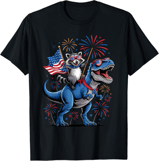 Raccoon Riding Dinosaur Independence Day Happy 4th of July T-Shirt