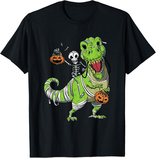 Skeleton Riding Dinosaur Lazy Halloween Costume Funny T-Rex T-Shirt