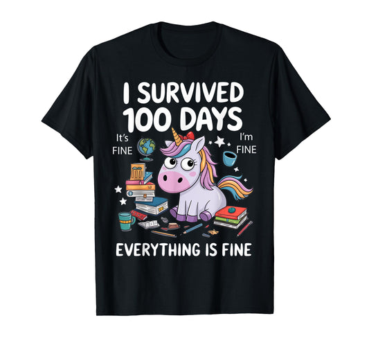 I Survived 100 Days Of School Teacher Kids Funny Unicorn T-Shirt