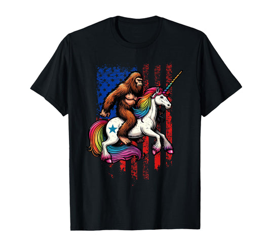 Bigfoot Riding Unicorn! Funny Sasquatch Unicorn US flag T-Shirt