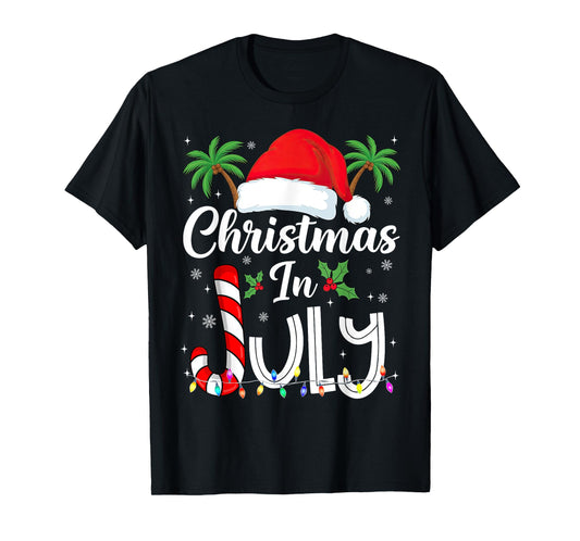 Xmas in July Santa Hat Beach Trip Tropical Summer Palm Tree T-Shirt