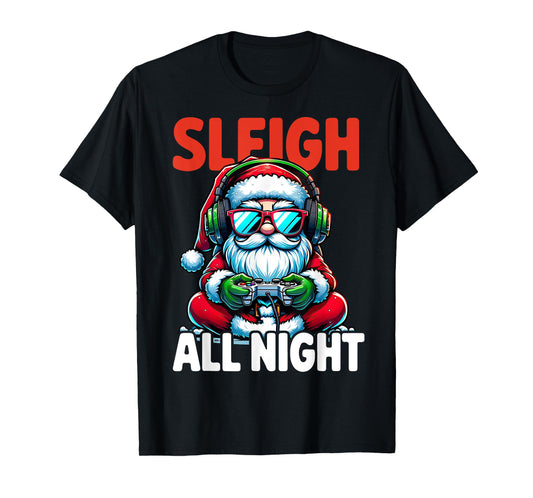 Christmas Gamer Boys Sleigh All Night Video Game Santa Xmas T-Shirt