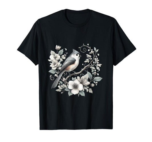 Charming Tufted Titmouse Bird with Floral Nature Design T-Shirt
