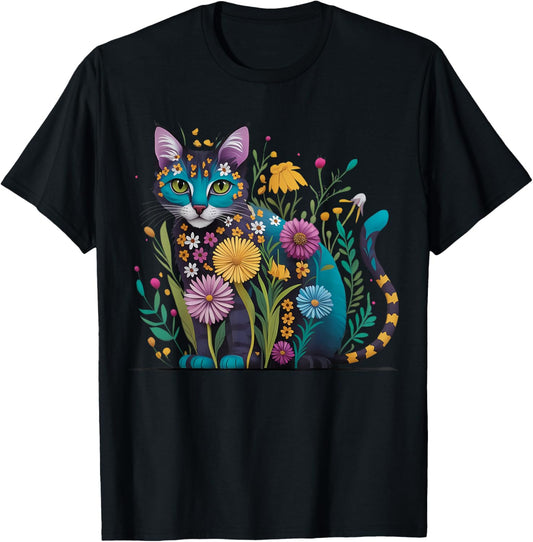Stunning Blue Cat in Wildflowers Cat Cottagecore Aesthetic T-Shirt