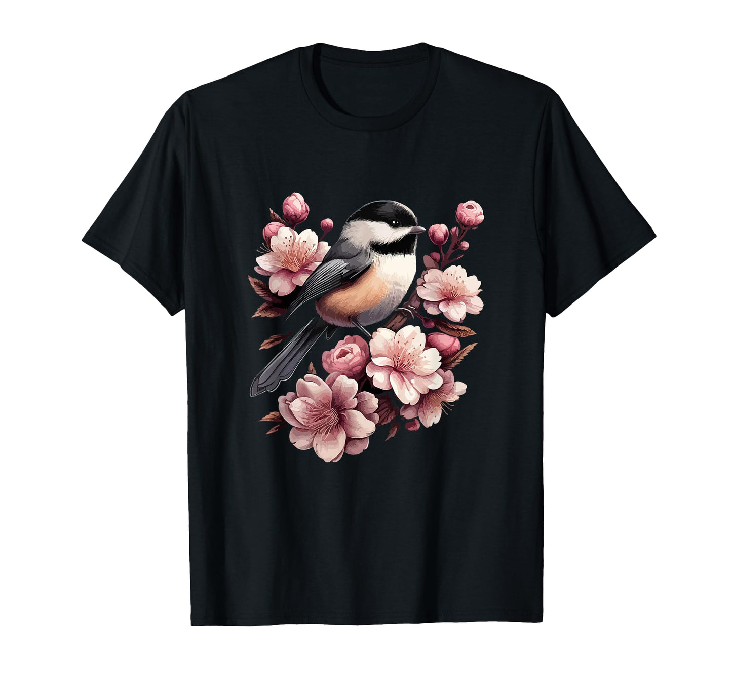 Chickadee Blossom Spring Birdwatching Bird Lover Cute T-Shirt