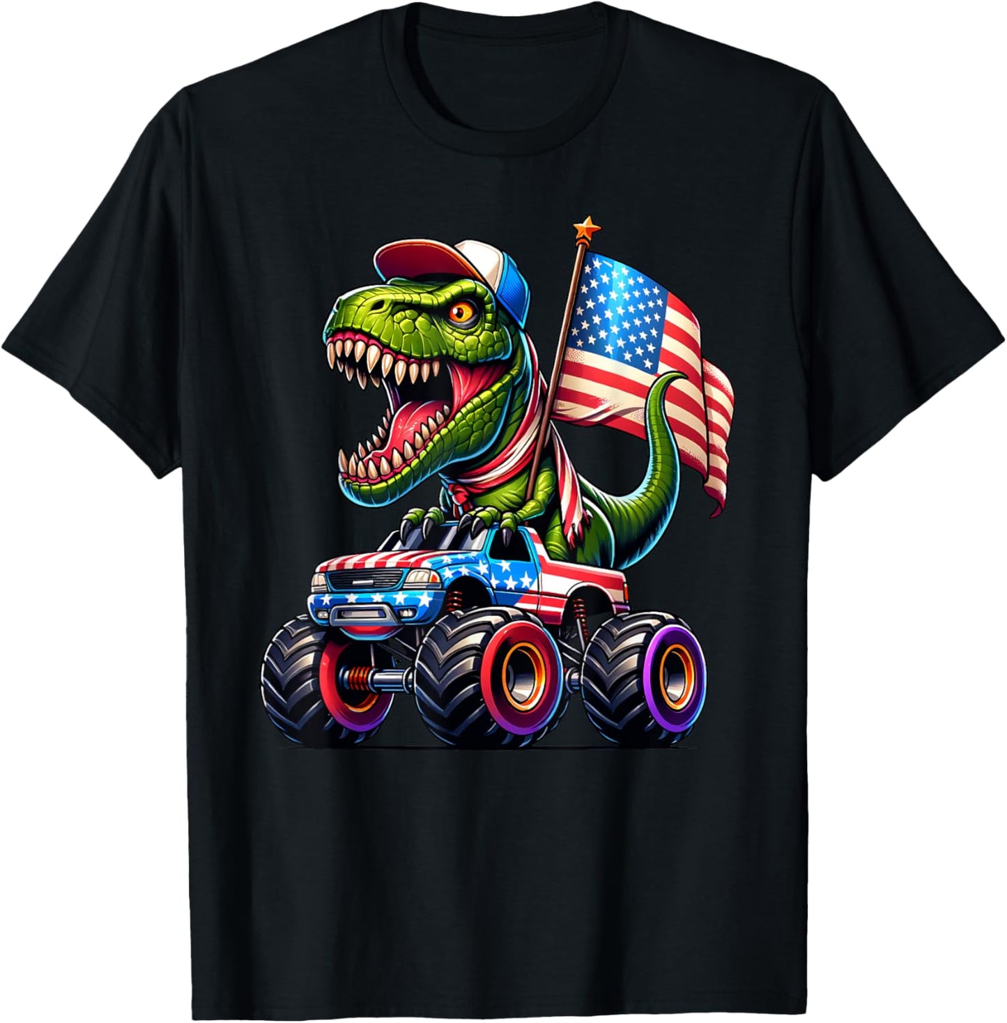 T rex Dinosaur 4th July Monster Truck American USA Flag T-Shirt