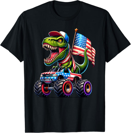 T rex Dinosaur 4th July Monster Truck American USA Flag T-Shirt