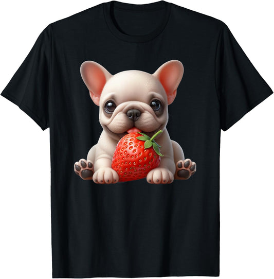 Funny French Bulldog Graphic Cute Dog Eating Strawberry T-Shirt