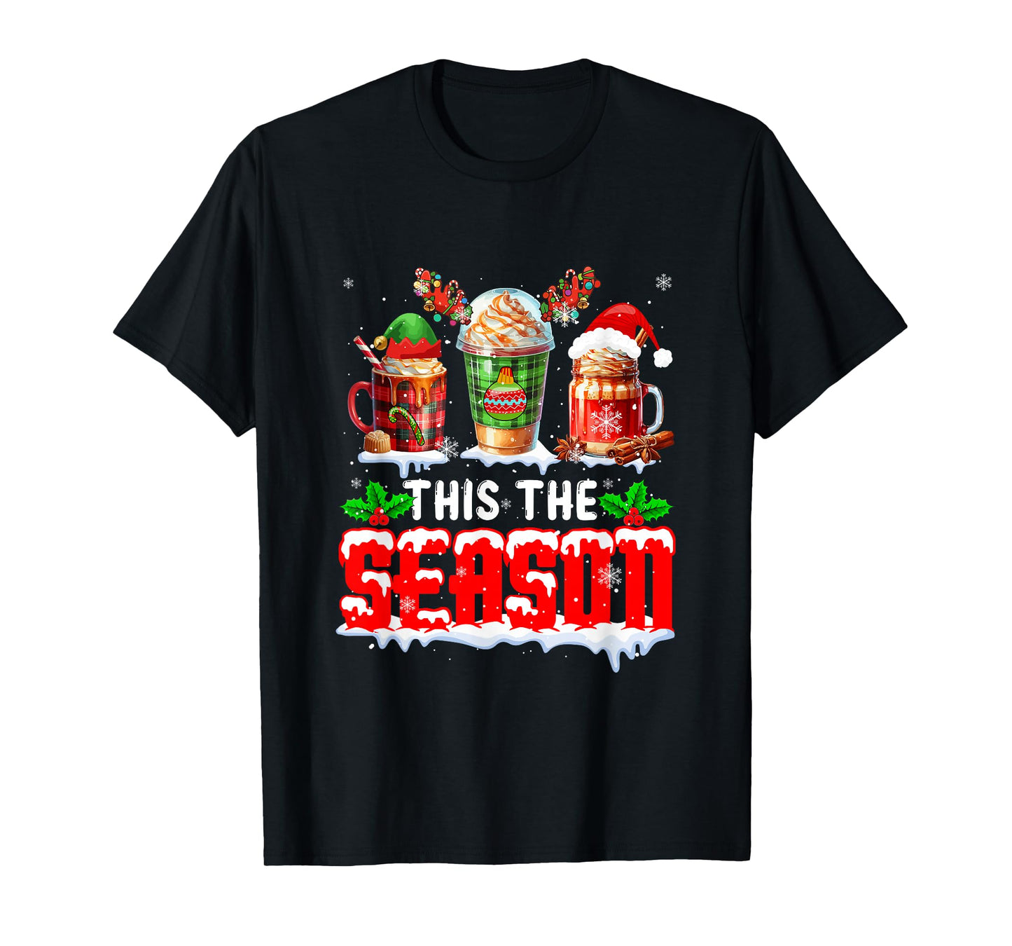 The Season Christmas Three Santa Reindeer Elf Coffee Cups T-Shirt