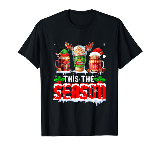 The Season Christmas Three Santa Reindeer Elf Coffee Cups T-Shirt