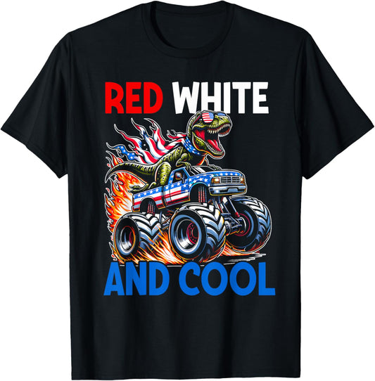 Dinosaur Monster Truck Dino 4th Of July Boys American Flag T-Shirt
