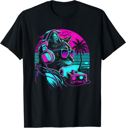 House DJ Cat 80s 90s Kitten Sunset Rainbow DJ Cat Kitty T-Shirt