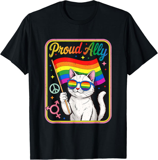 Cute Proud Ally Cat Wearing Rainbow Glasses Flag Pride Month T-Shirt