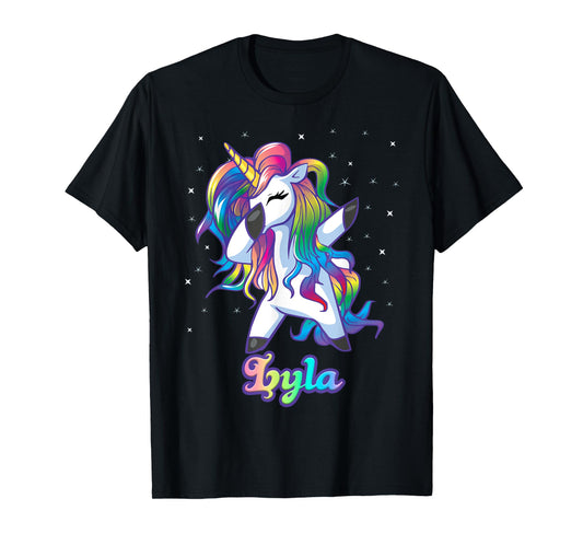 LYLA Name Personalized Custom Rainbow Unicorn Dabbing T-Shirt