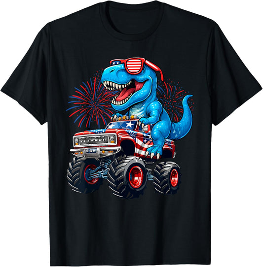 Funny T Rex Riding Monster Truck American Flag 4th Of July T-Shirt