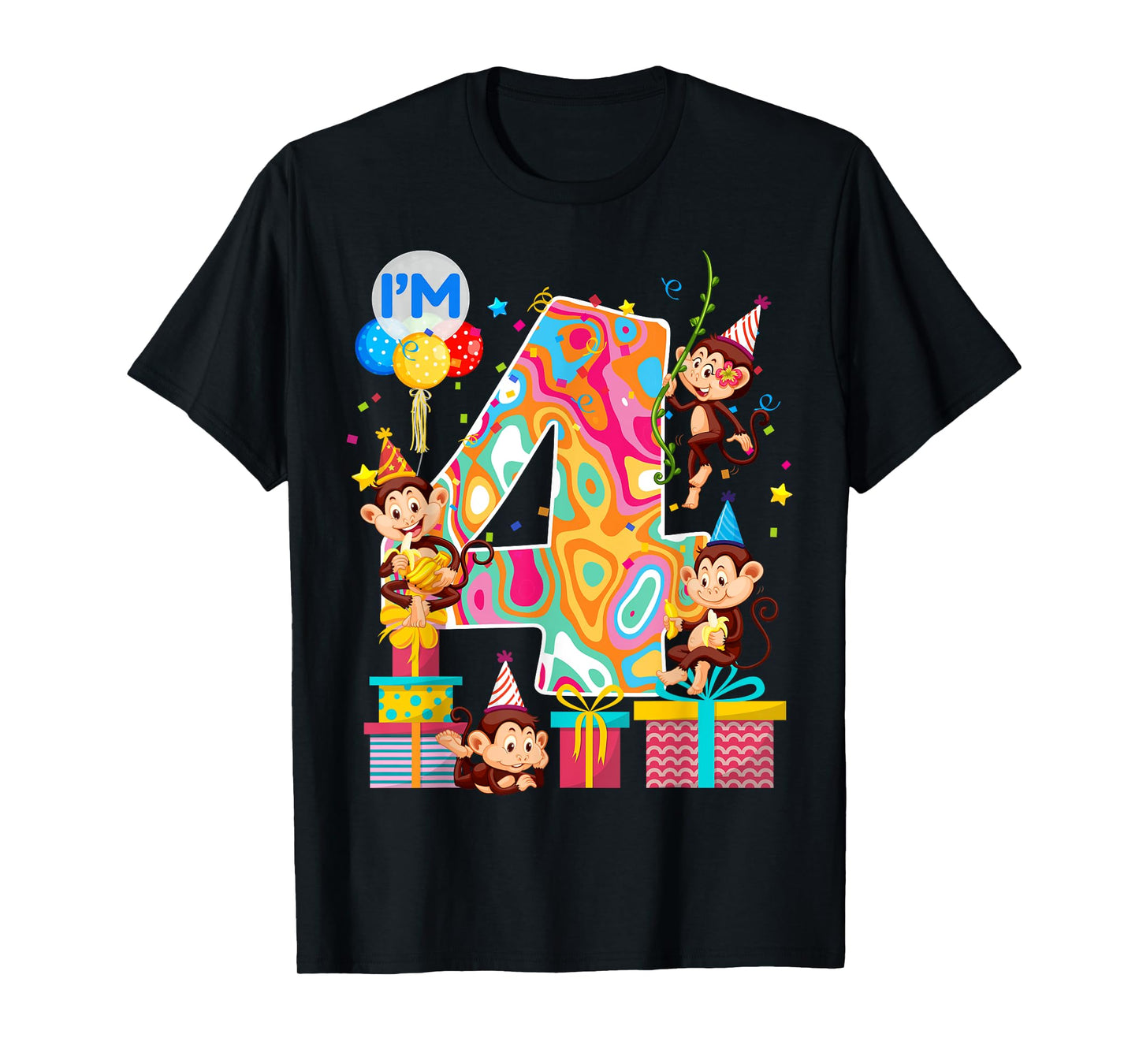 4th B-Day Monkey Birthday Zoo Animal 4 Year Old Funny T-Shirt