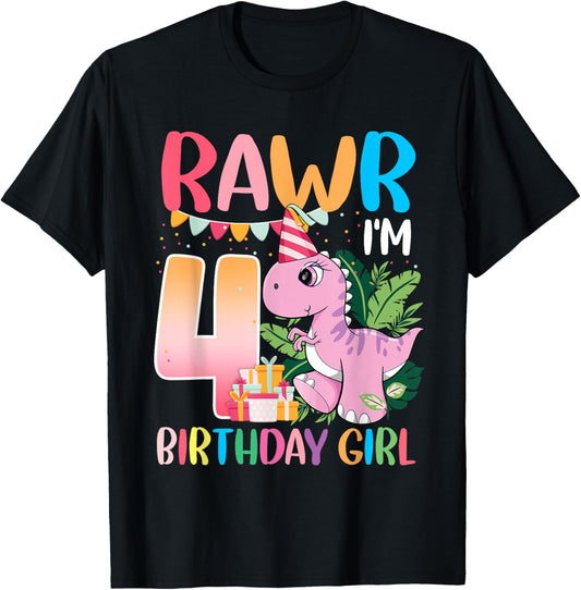 Kids Rawr I'm 4 4th Birthday Girl T Rex Dinosaur Party T-Shirt