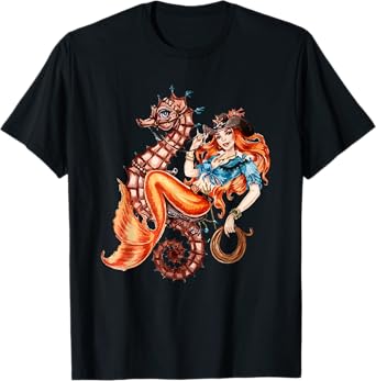 Mermaid Riding Seahorse Vintage Retro Cowgirl Rodeo T-Shirt