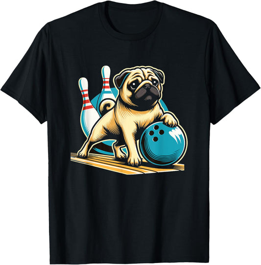 Vintage Retro Dog Pug Playing Bowling T-Shirt