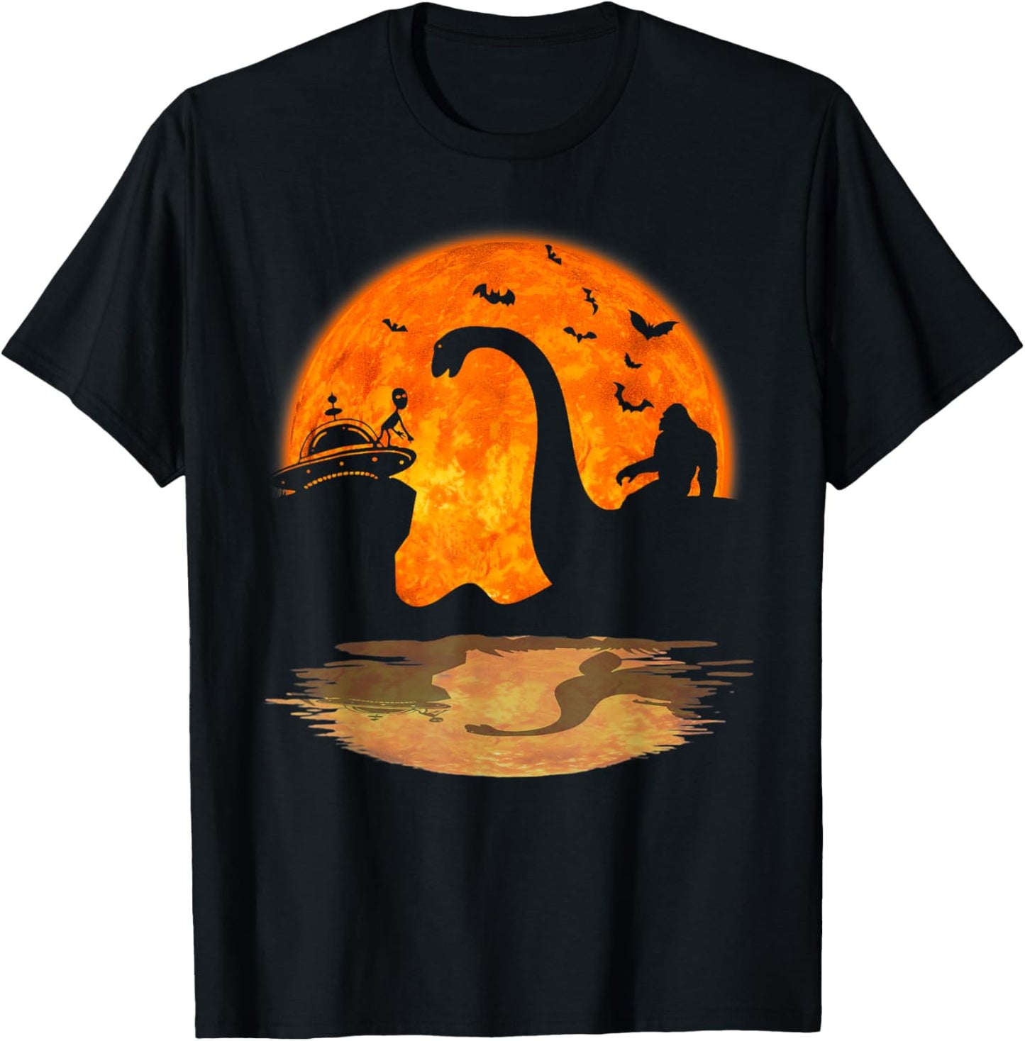 Bigfoot Riding Loch Ness Monster Meets Alien Ship Halloween T-Shirt
