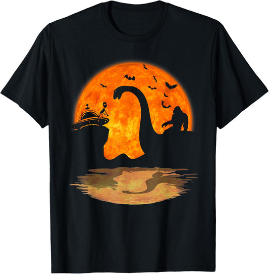 Bigfoot Riding Loch Ness Monster Meets Alien Ship Halloween T-Shirt