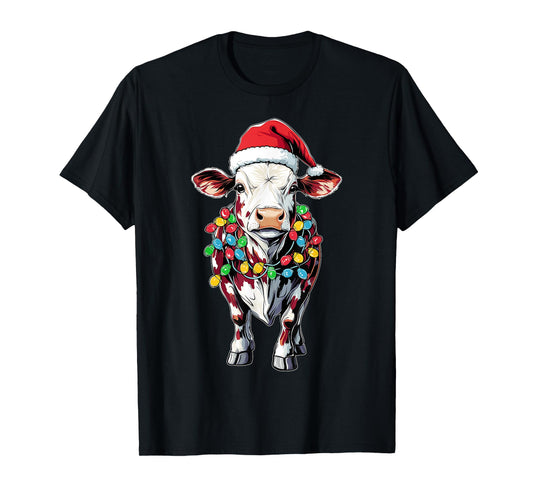 Hereford Cattle Farmer Christmas Hat Xmas T-Shirt - Unisex-Adults/Kids - Black - Short Sleeve - T-Shirt - Graphic - Cartoon - People - Christmas/Farming Enthusiasts, Young Adults, Children