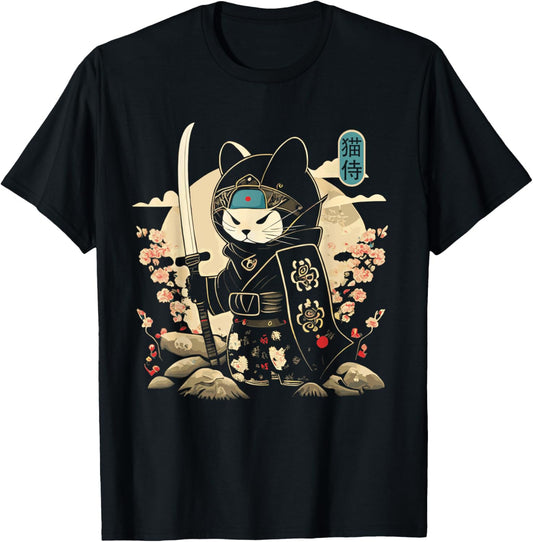 Japanese Samurai Cat Tattoo Kawaii Ninja Cat T-Shirt