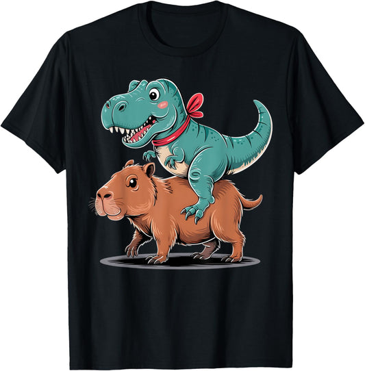 T Rex Dinosaur Riding a Capybara Funny Graphic Toddler Boys T-Shirt
