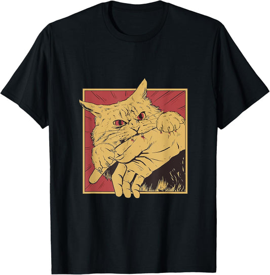 Funny Cat Graphic Tee Japanese Anime Cat Bite T-Shirt