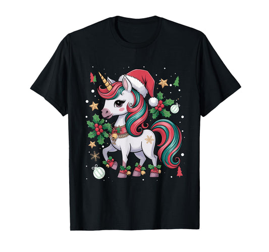 Merry Christmas Unicorn Girls Kid Toddler Xmas Unicorn Santa T-Shirt