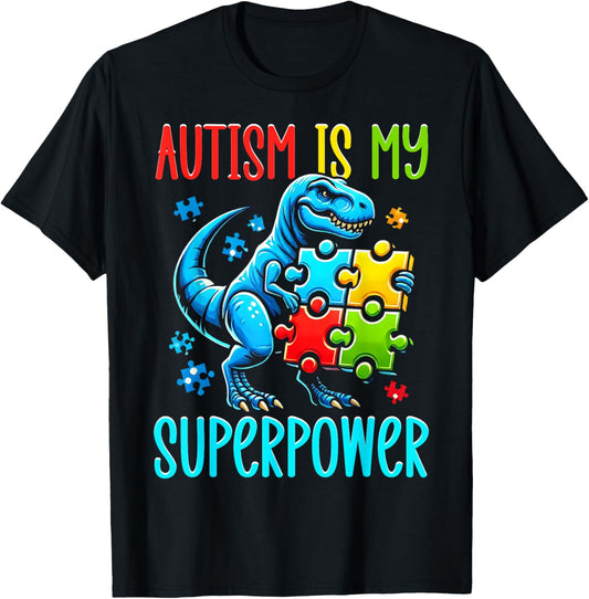 Autism Is My Superpower Dinosaur Puzzle T-Rex Autistic Kid T-Shirt
