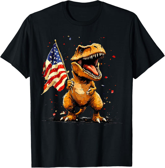 Cute T Rex 4th of July Dinosaur Boys USA Flag T-Shirt