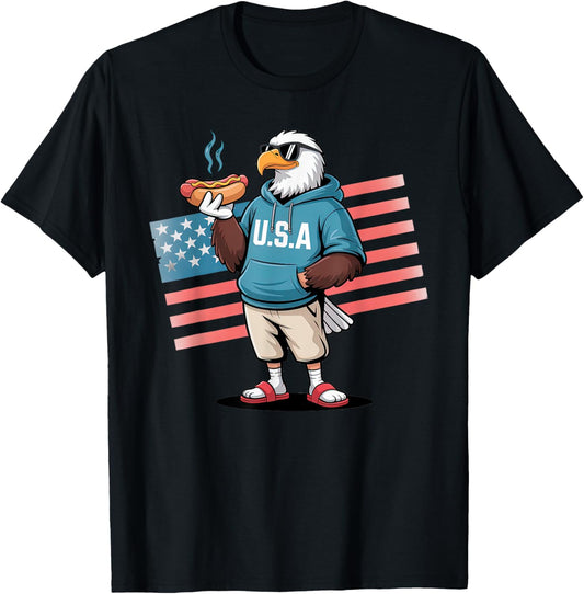 Patriotic Eagle Cartoon with Hot Dog for 4th of July Fun T-Shirt