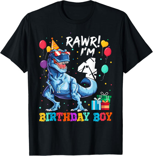 Funny Kids 4 Years Old Happy 4th Birthday Boy T Rex Dinosaur T-Shirt