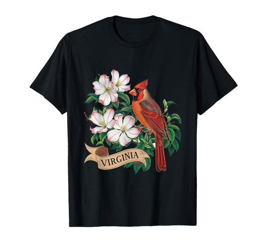 Virginia Cardinal Bird and Flowering Dogwood Flower T-Shirt