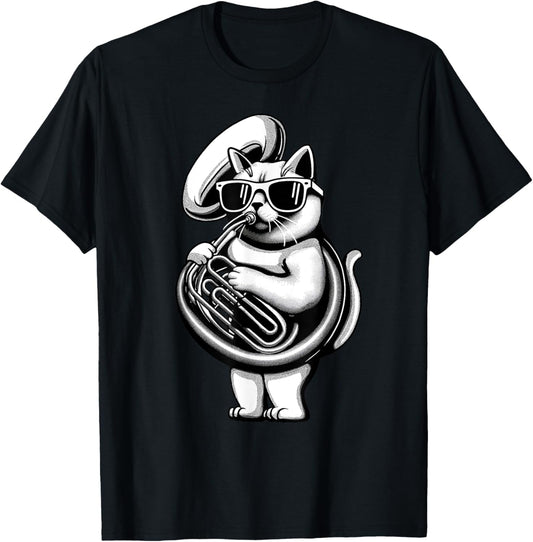 Cat With Sousaphone Instrument Sousaphonist Musician Unisex-Adults, Unisex-Kids Black Short Sleeve T-Shirt