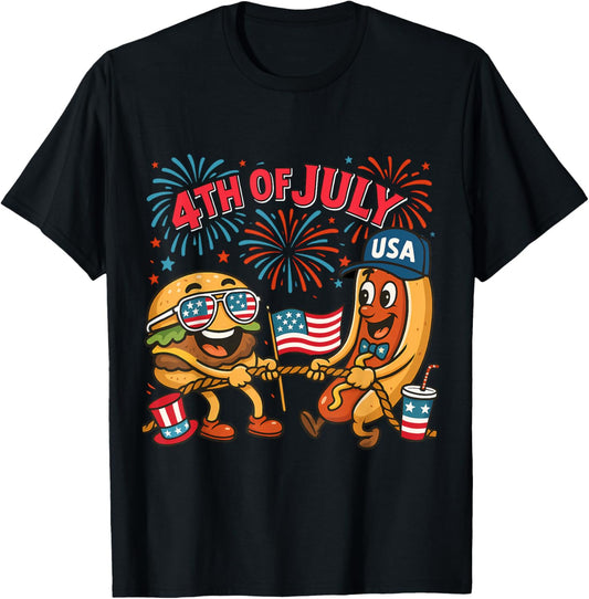 Funny 4th of July Hotdog Hamburger American Flag Patriotic T-Shirt