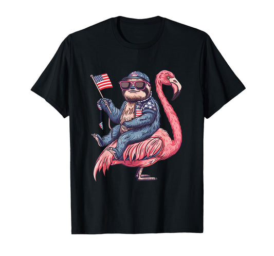 4th Of July Sloth Flamingo American Flag USA Fourth Of July T-Shirt