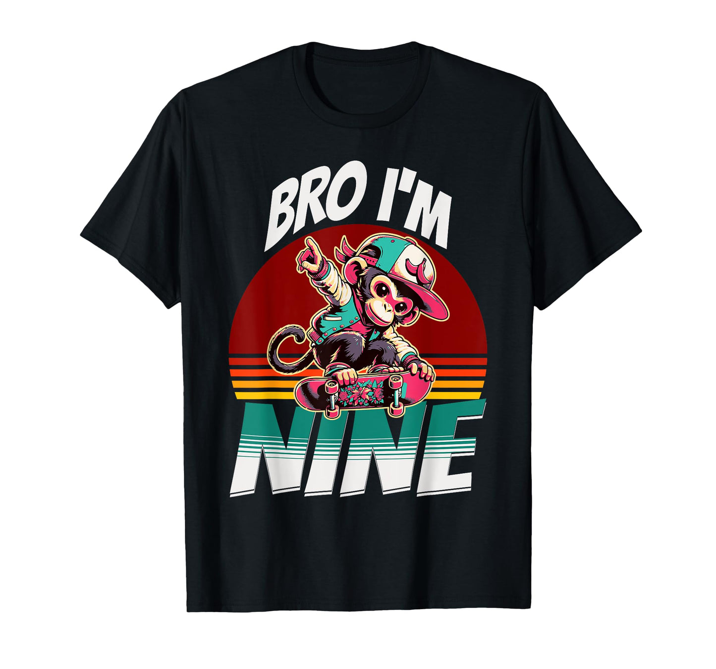 Bro I'm Nine 9th Birthday Monkey Lovers Skateboard Bday T-Shirt